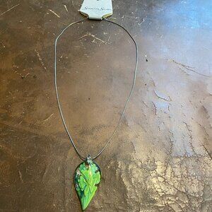 Thin Sterling Silver Necklace w/ Large Green Leaf Glass Pendant